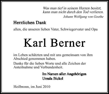 Traueranzeige von Karl Berner 