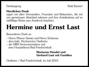 Traueranzeige von Hermine und Ernst Last 