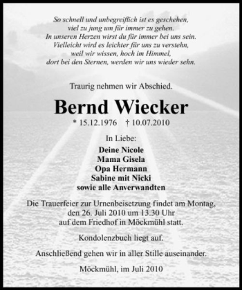 Traueranzeige von Bernd Wiecker 