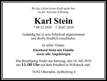 Traueranzeige von Karl Stein 