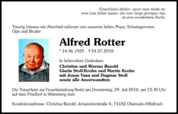 Traueranzeige von Alfred Rotter 