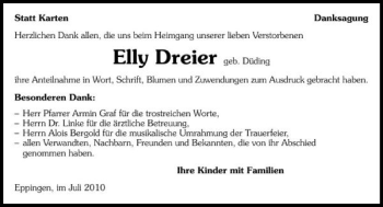 Traueranzeige von Elly Dreier 