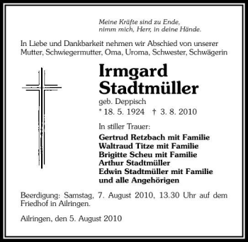 Traueranzeige von Irmgard Stadtmüller 