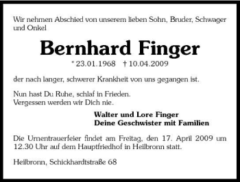 Traueranzeige von Bernhard Finger 