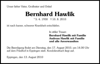 Traueranzeige von Bernhard Hawlik 