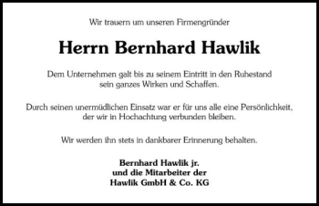 Traueranzeige von Bernhard Hawlik 