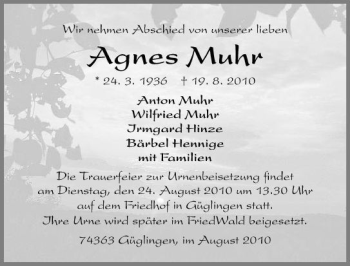 Traueranzeige von Agnes Muhr 