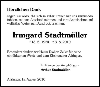 Traueranzeige von Irmgard Stadtmüller 