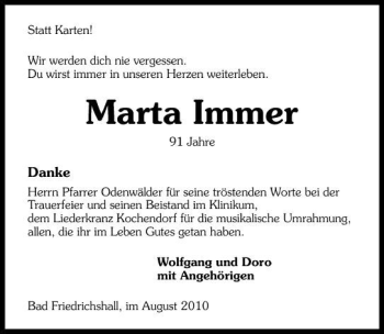 Traueranzeige von Marta Immer 