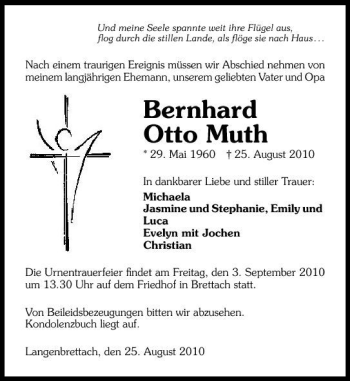 Traueranzeige von Bernhard Otto Muth 