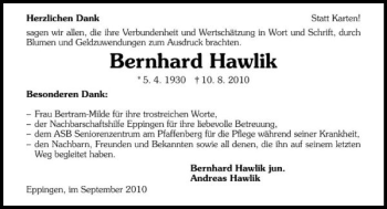 Traueranzeige von Bernhard Hawlik 