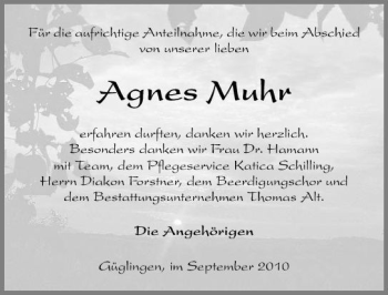 Traueranzeige von Agnes Muhr 