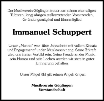 Traueranzeige von Immanuel Schuppert 