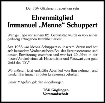 Traueranzeige von Immanuel Schuppert 