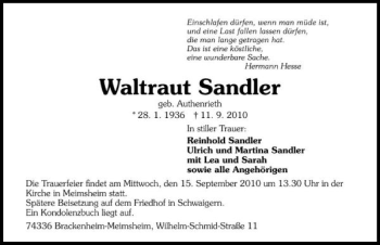 Traueranzeige von Waltraut Sandler 