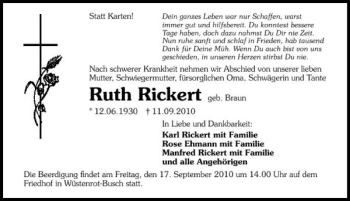 Traueranzeige von Ruth Rickert 