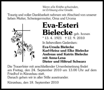 Traueranzeige von Eva-Esteri Bielecke 