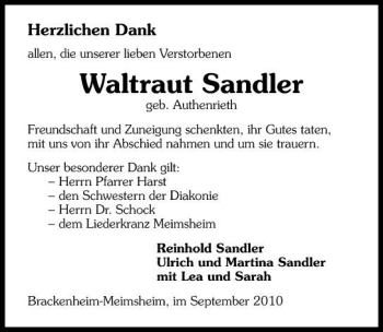 Traueranzeige von Waltraud Sandler 