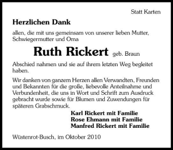 Traueranzeige von Ruth Rickert 