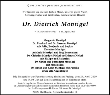 Traueranzeige von Dr. Dietrich Montigel 