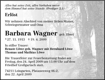 Traueranzeige von Barbara Wagner 