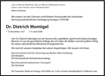 Traueranzeige von Dr. Dietrich Montigel 