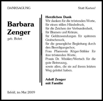 Traueranzeige von Barbara Zenger 