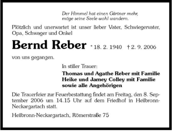 Traueranzeige von Bernd Reber 