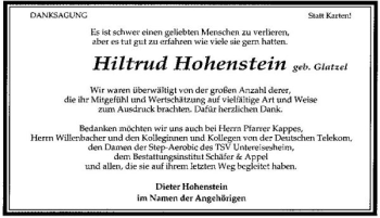 Traueranzeige von Hiltrud Hohenstein 