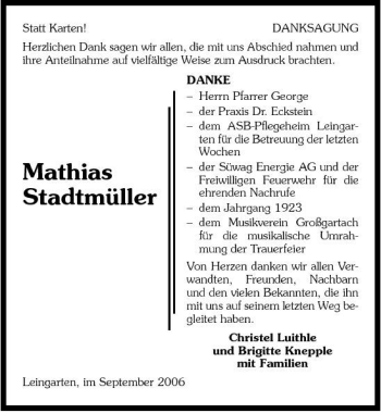 Traueranzeige von Mathias Stadtmüller 