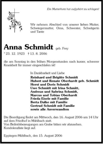 Traueranzeige von Anna Schmidt 