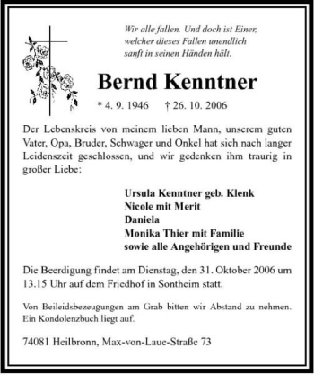 Traueranzeige von Bernd Kenntner 