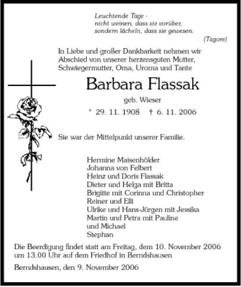 Traueranzeige von Barbara Flassak 