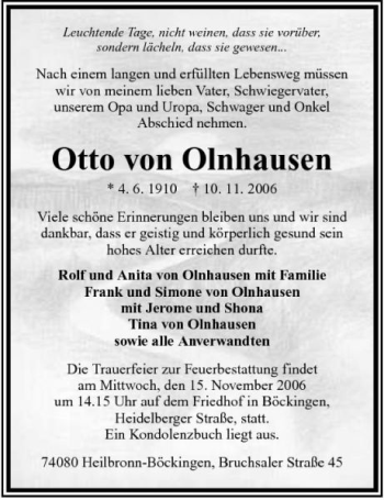 Traueranzeige von Otto von Olnhausen 