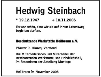 Traueranzeige von Hedwig Steinbach 