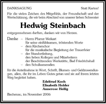 Traueranzeige von Steinbach Hedwig 
