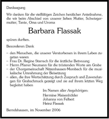 Traueranzeige von Barbara Flassak 