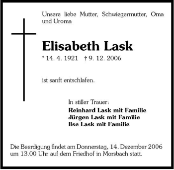 Traueranzeige von Elisabeth Lask 