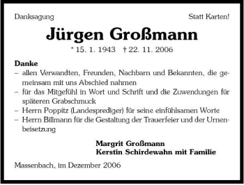 Traueranzeige von Jürgen Großmann 