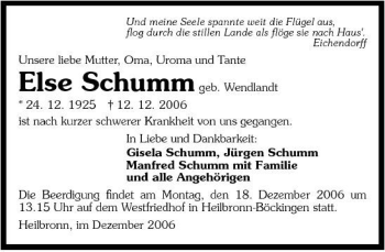 Traueranzeige von Else Schumm 