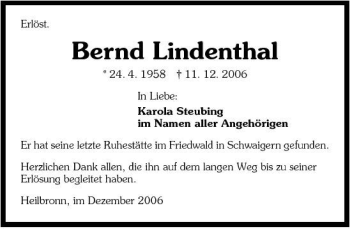 Traueranzeige von Bernd Lindenthal 