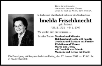 Traueranzeige von Imelda Frischknecht 