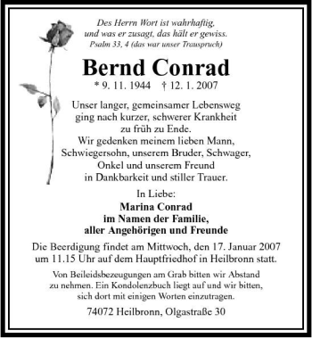 Traueranzeige von Bernd Conrad 