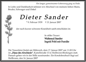 Traueranzeige von Dieter Sander 