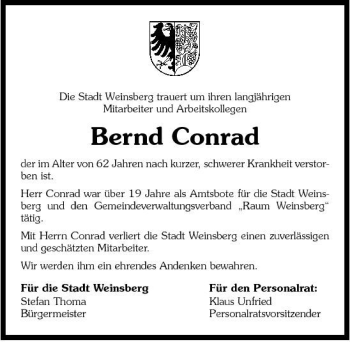 Traueranzeige von Bernd Conrad 