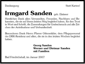 Traueranzeige von Irmgard Sanden 