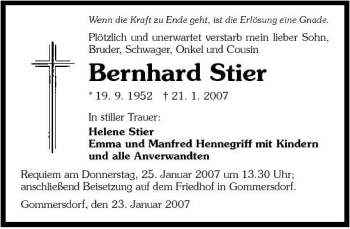 Traueranzeige von Bernhard Stier 