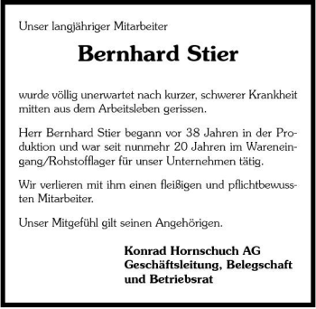 Traueranzeige von Bernhard Stier 