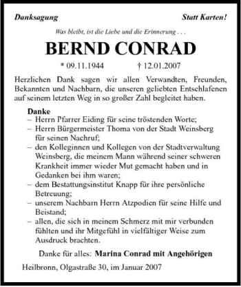 Traueranzeige von Bernd Conrad 