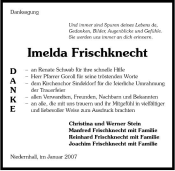 Traueranzeige von Imelda Frischknecht 